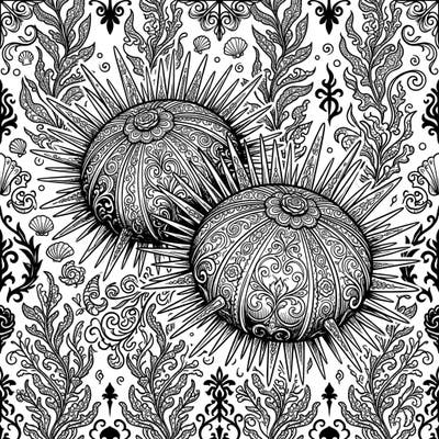 Explore the mysterious beauty of the deep sea with this unique Gothic Sea Urchins coloring page, featuring intricate Victorian lace patterns and dramatic details. This mesmerizing design offers a captivating artistic challenge for colorists seeking an elegant and dark aesthetic.