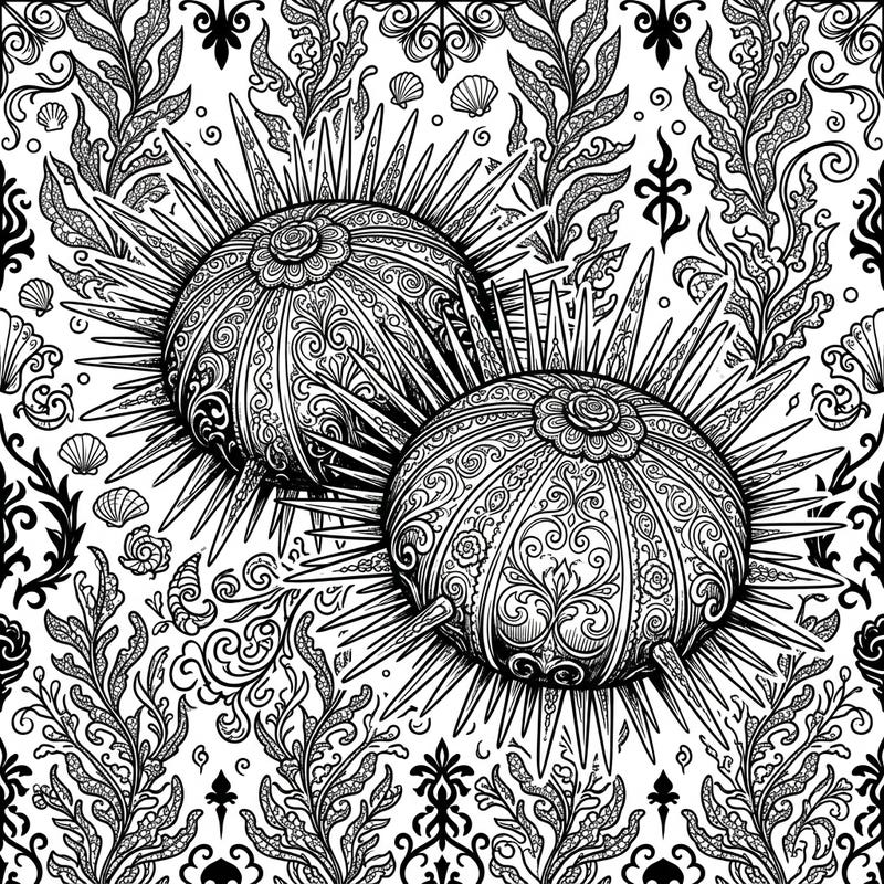 Explore the mysterious beauty of the deep sea with this unique Gothic Sea Urchins coloring page, featuring intricate Victorian lace patterns and dramatic details. This mesmerizing design offers a captivating artistic challenge for colorists seeking an elegant and dark aesthetic.