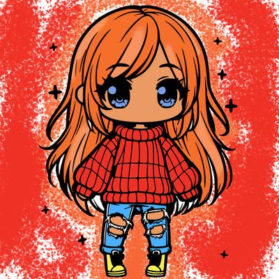 chibi girl with ripped jeans,long hair, and an oversized sweater