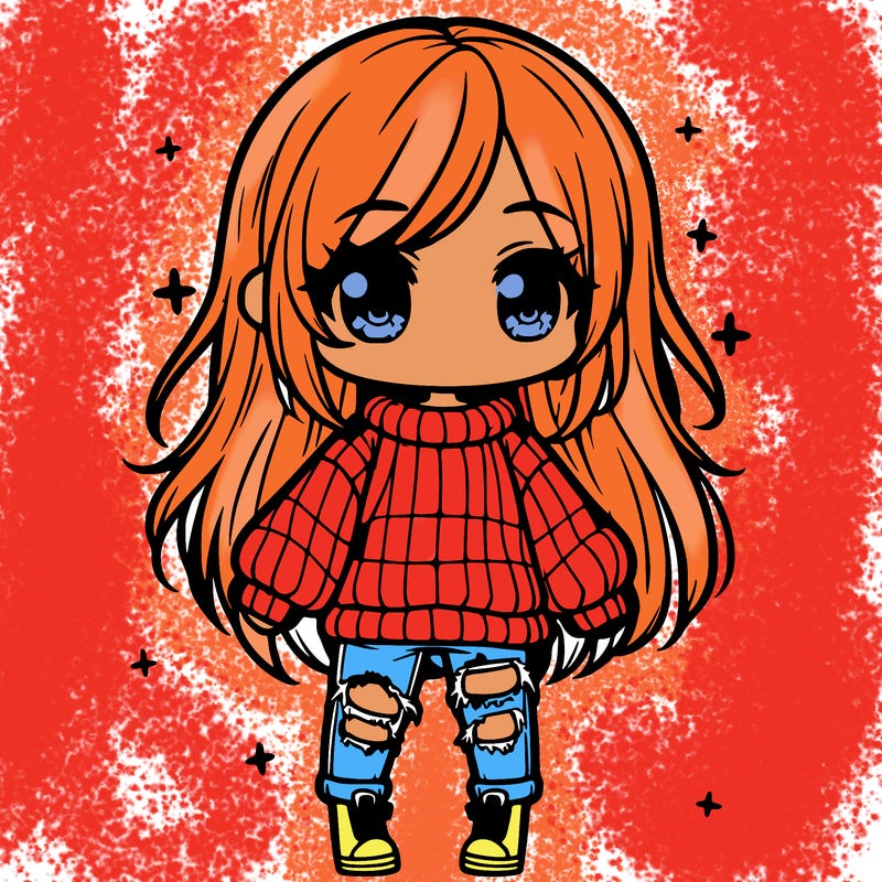 chibi girl with ripped jeans,long hair, and an oversized sweater
