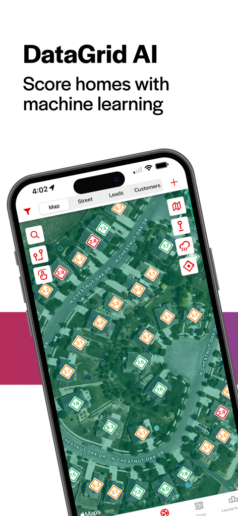 SalesRabbit - SalesRabbit app interface showing DataGrid AI lead scores for individual houses on a residential map