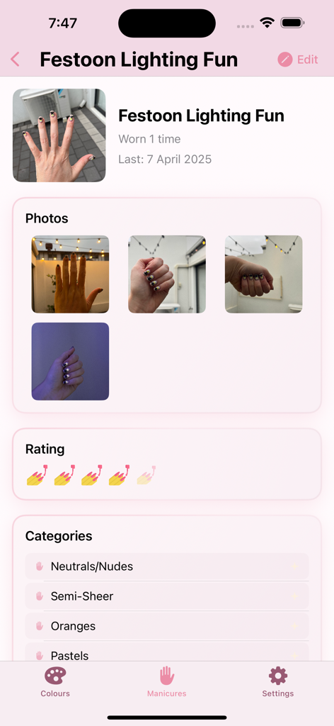 NaildIt - NaildIt 앱의 매니큐어 항목 상세 보기로 사진, 별점, 색상 카테고리가 표시됩니다.