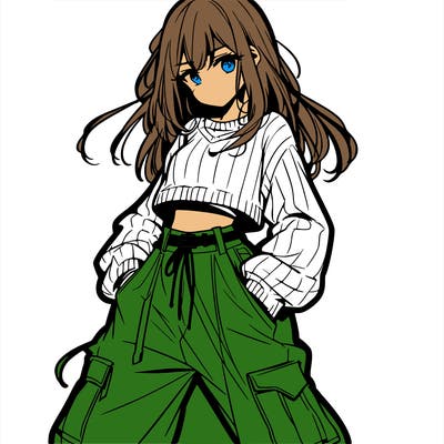 anime teen girl with baggy pants and crop top with sweater