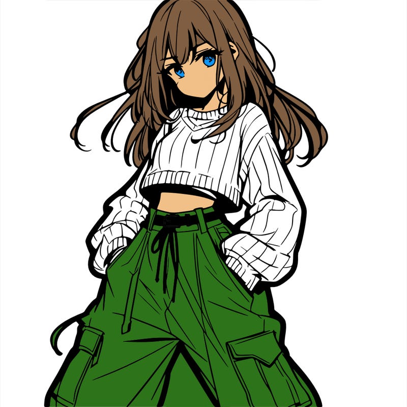 anime teen girl with baggy pants and crop top with sweater