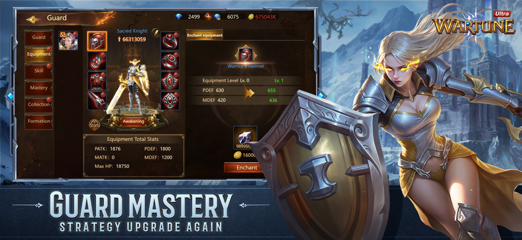 Wartune Ultra - Wartune Ultra game screen showing the Guard Mastery interface and character equipment enchantment