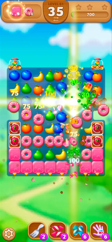 Fruits Mania : Elly’s travel - Fruits Mania match-3 puzzle gameplay with colorful fruits and donuts