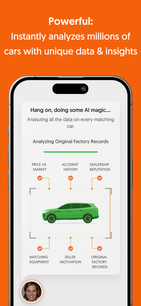 A smartphone displaying the CoPilot app's AI analysis interface for car shopping with market insights and factory records.