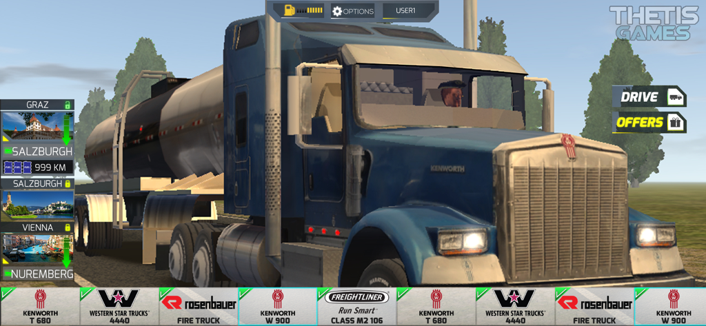 Truck Simulator 2 - Europe - Camión Kenworth azul con remolque cisterna en el menú del juego Truck Simulator 2 Europe.