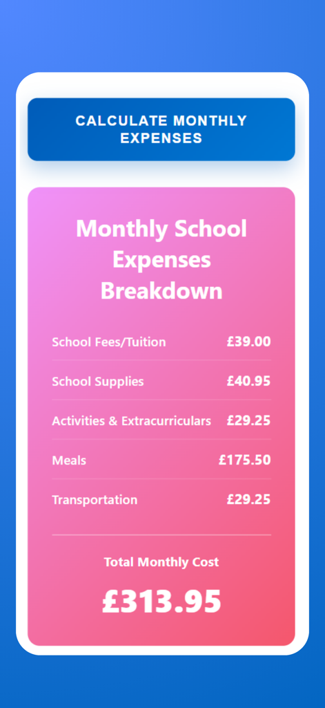 ParentPay AI Tools - 등록금, 용품, 활동 및 식사를 포함한 월별 학교 비용 내역