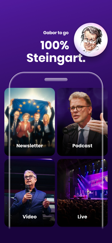 Écran de smartphone affichant les catégories de l'application The Pioneer, y compris Newsletter, Podcast, Vidéo et Contenu en direct.