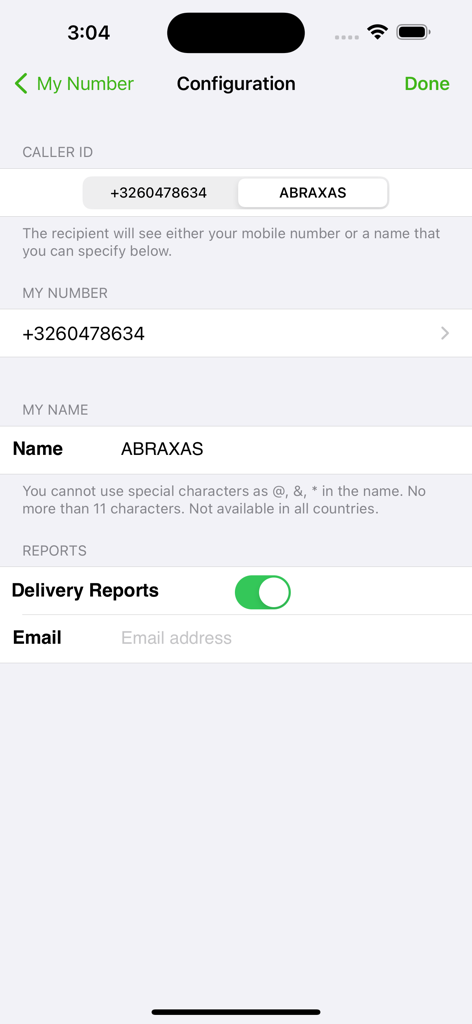 Configuration screen in the Group SMS app for setting caller ID and delivery reports