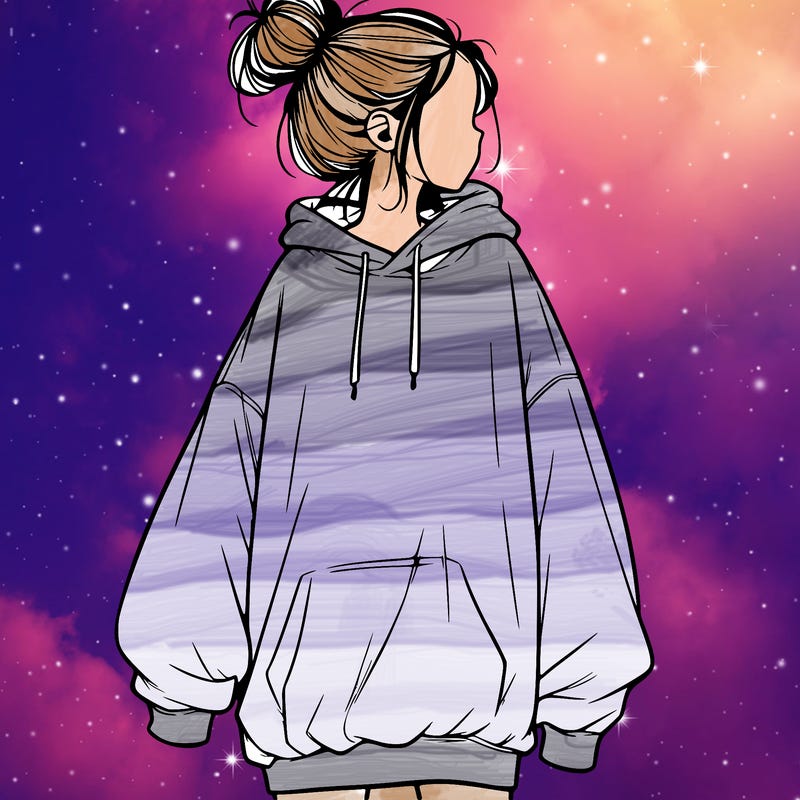 realistic girl with a oversized sweatshirt on and a bun