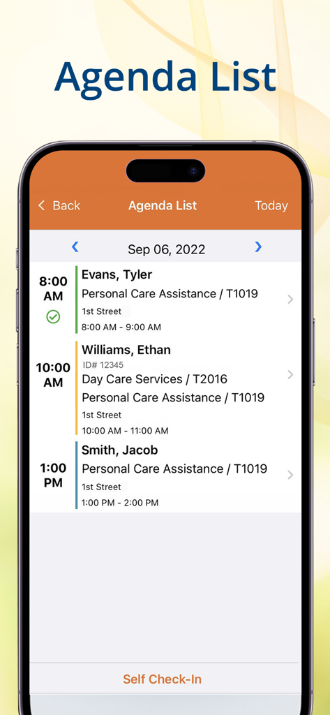 Therap mobile app showing the Agenda List screen with a daily schedule of caregiving appointments
