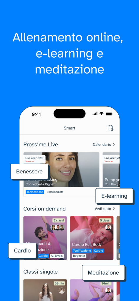 Fitprime app interface with online fitness and meditation classes
