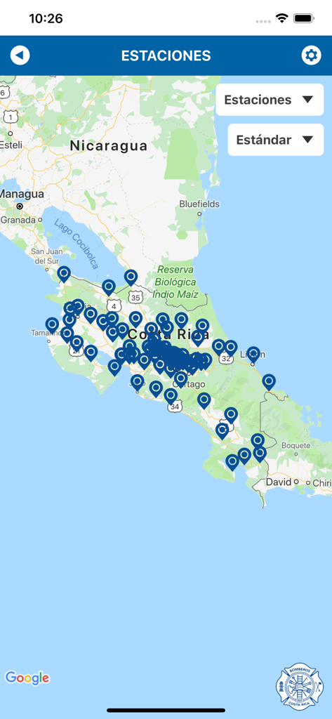 Bomberos CR - Map of Costa Rica showing fire station locations in the Bomberos CR app