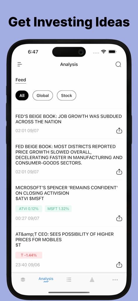 Trading Ideas Driven by AI - 株式市場分析と金融ヘッドラインを表示するニュースフィードを表示するモバイルアプリインターフェース。