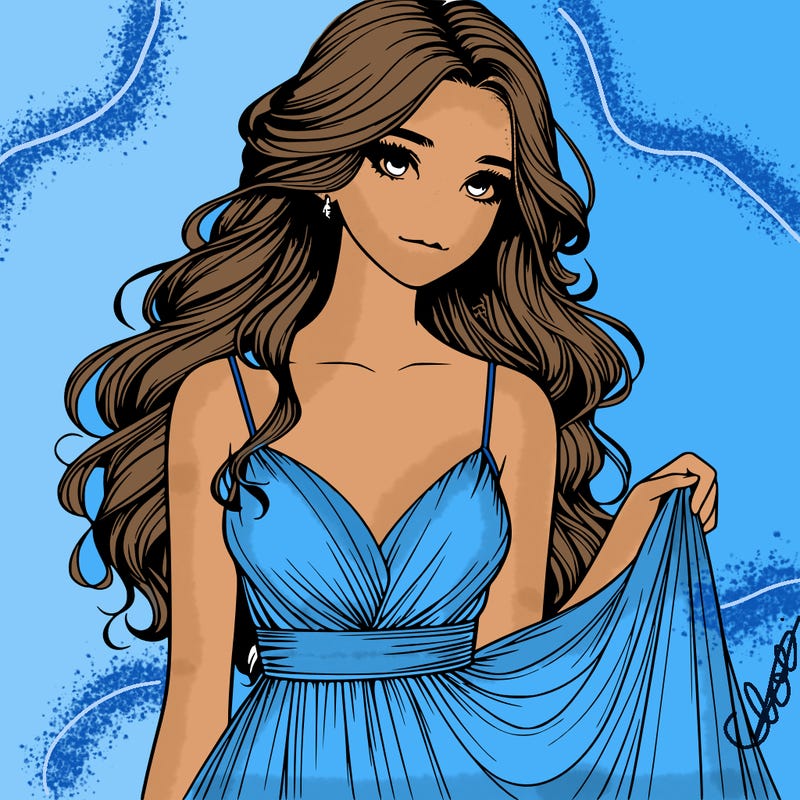 realistic girl in flowy silky prom dress