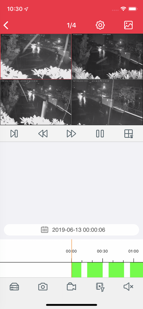Bolide Quick Connect - Remote video playback interface in Bolide Quick Connect app featuring four split-screen surveillance feeds and a recording timeline.