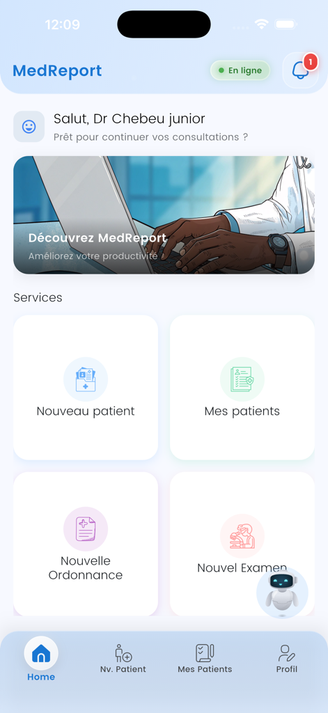医師向けのMedReportアプリのホーム画面。患者と処方箋を管理するオプションが表示されています。