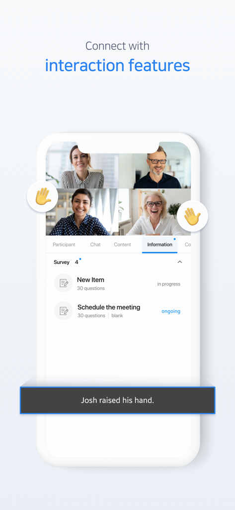 Interfaccia mobile di Knox Meeting che mostra i partecipanti alla videochiamata e funzionalità interattive come l'alzata di mano e i sondaggi.