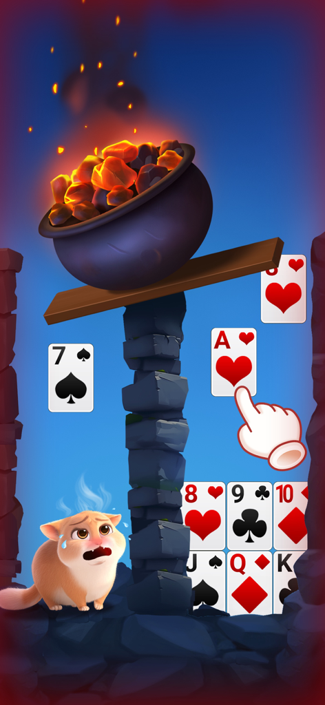 Solitaire Pets Town - A solitaire card puzzle level featuring a worried cat and a precarious cauldron of hot coals