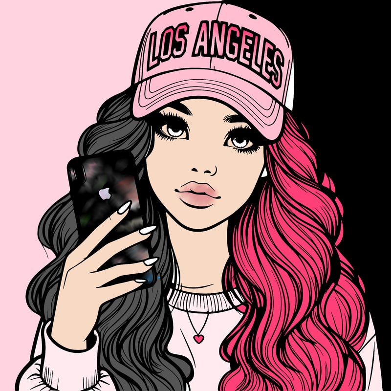realistic beautiful girl wearing los ángeles cap holding an iphone