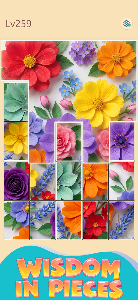 Jigmerge™ Puzzle - A floral jigsaw puzzle level from the Jigmerge Puzzle app with the slogan Wisdom in Pieces