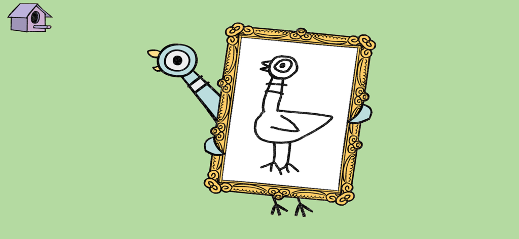 Don't Let Pigeon Run This App! - The Pigeon character holding a golden frame with a line drawing of himself inside.