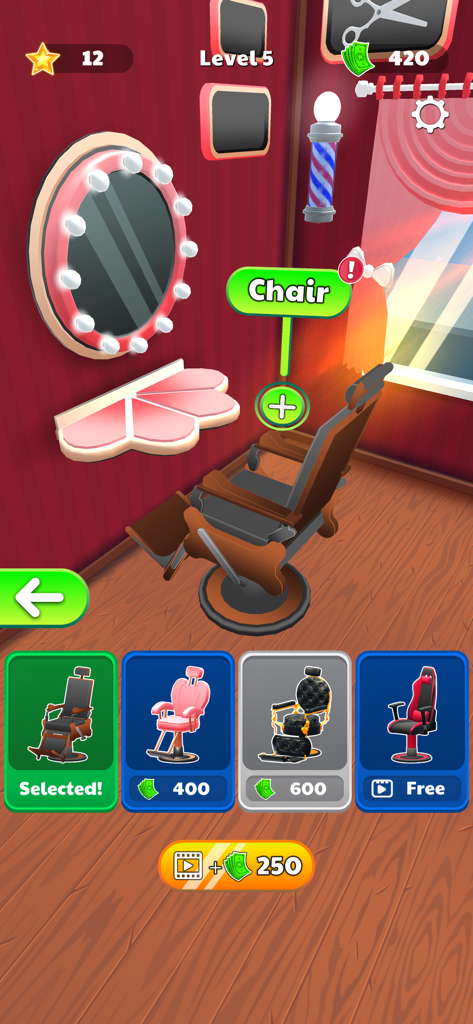 Fade Master 3D: Barber Shop - Pantalla de selección y personalización de sillas de barbería en el juego Fade Master 3D