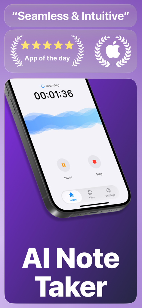 Live Transcribe: Voice to Text - Interface do aplicativo Live Transcribe mostrando uma gravação de voz em andamento com o título AI Note Taker.