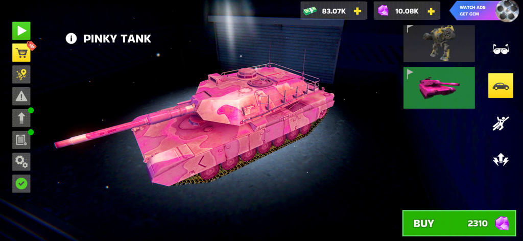 Rope Hero: Mafia City Wars - A pink camouflage tank called Pinky Tank in the game store of Rope Hero Mafia City Wars.
