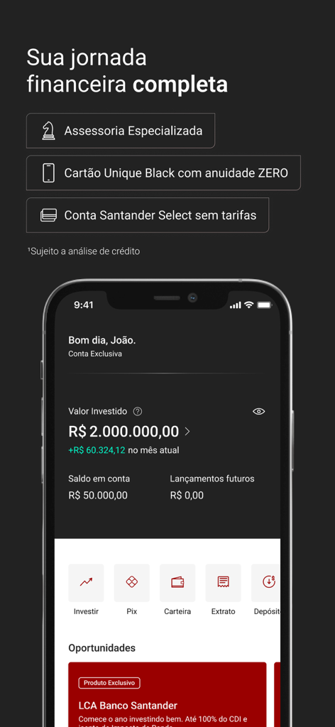Santander Corretora: taxa 0 - Santander Corretora mobile app screen showing an investment dashboard with balance and banking features