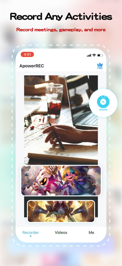 ApowerREC mobile app interface showing screen recording options for meetings and gameplay