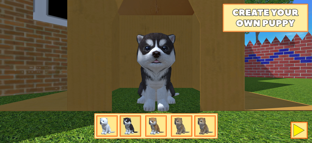 Cute Pocket Puppy 3D - Part 2 - Pantalla de creación de personajes en Cute Pocket Puppy 3D mostrando un cachorro husky y opciones de personalización.