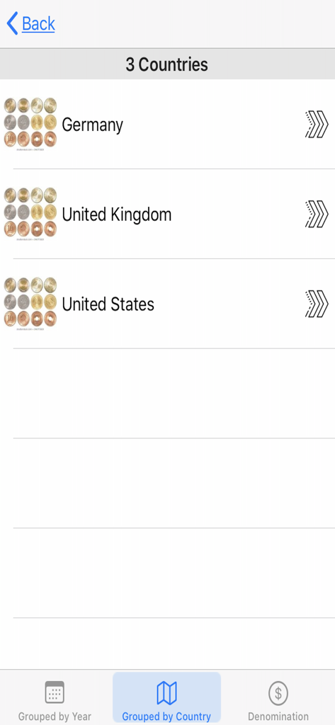 My Valuable Coin Collection - A screenshot of the My Valuable Coin Collection app displaying coins organized by countries including Germany United Kingdom and United States.