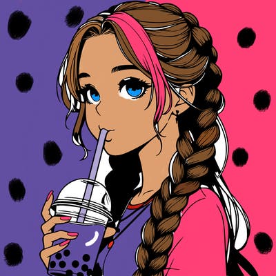 realistic girl with braided hair drinking boba