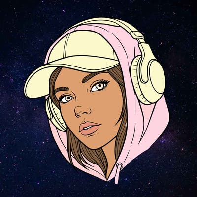a cool girl face with cap and a hood over the cap with headphones