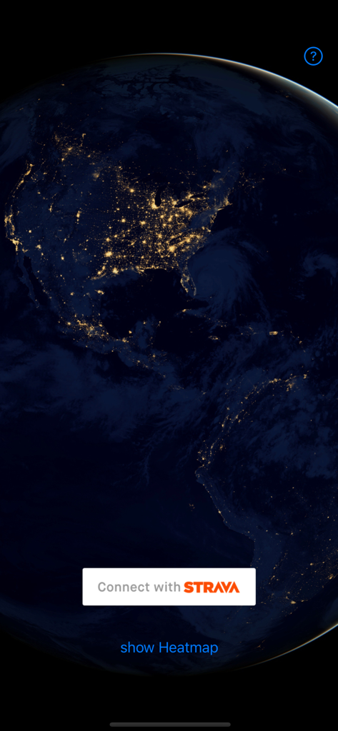 Strava Heatmap 3D workout map - 夜の地球の背景の上にStravaアカウントを接続するボタンがあるStravaヒートマップ3Dアプリのウェルカム画面。