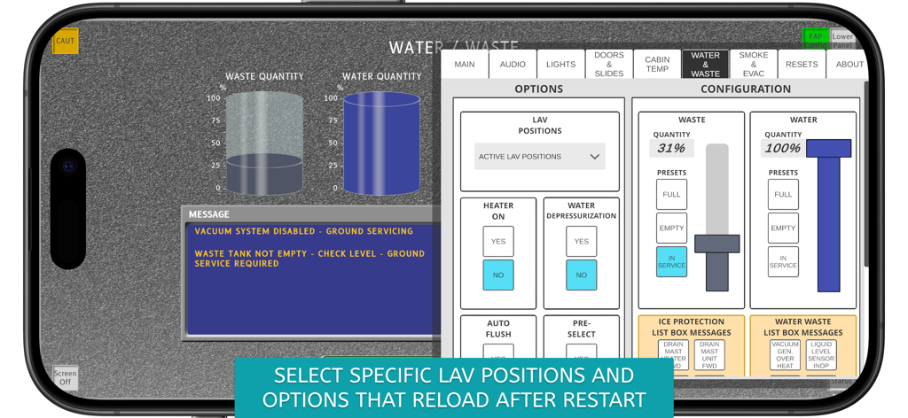 A320 FAP Simulator - Interfaz del Simulador A320 FAP para gestionar los niveles de los tanques de agua y residuos y la configuración del lavabo.
