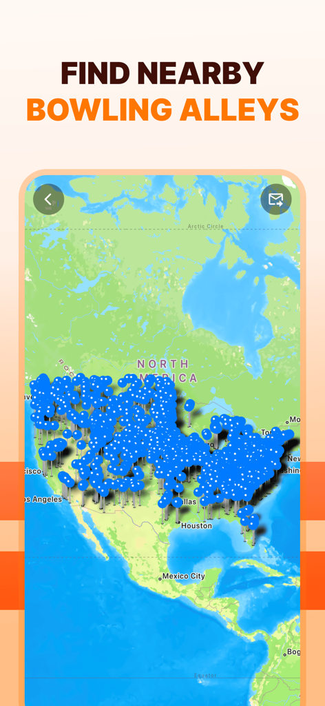 Bosc: Bowling Score Keeper App - A map of the United States with numerous blue pins indicating the locations of bowling alleys