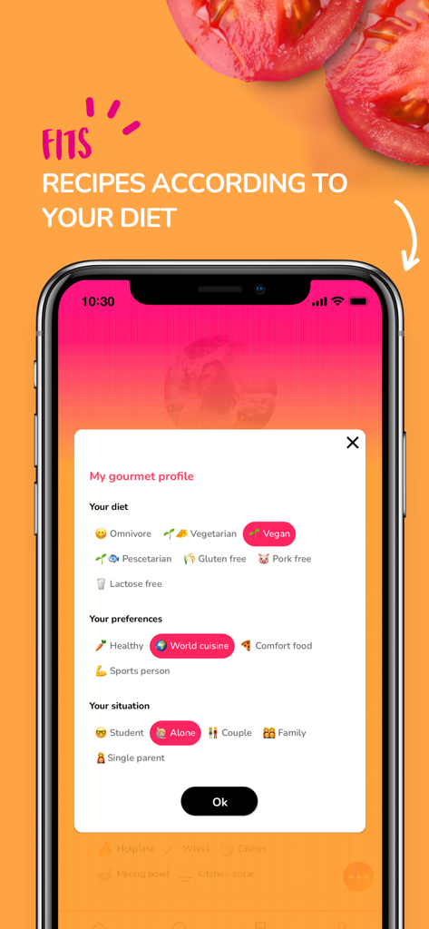 Frigo Magic : French Recipes - 食事や食品の好みを選択するためのFrigo Magicアプリのプロフィール画面