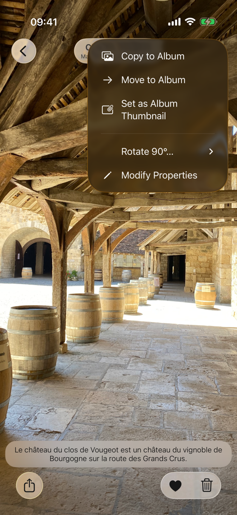Piwigo - Interface de l'application mobile Piwigo affichant un menu avec des options pour gérer et modifier les propriétés des photos