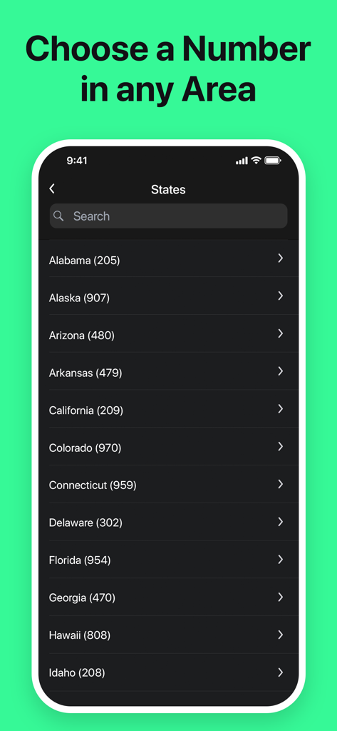 Uma tela de aplicativo móvel mostrando uma lista de estados e códigos de área dos EUA para escolher um segundo número de telefone.