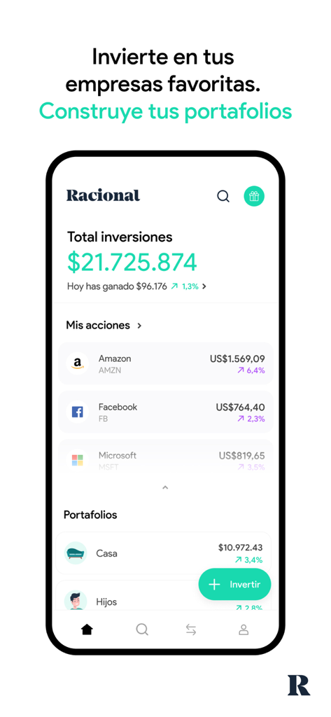 Interface of the Racional app showing a total investment balance and a list of stocks like Amazon and Microsoft