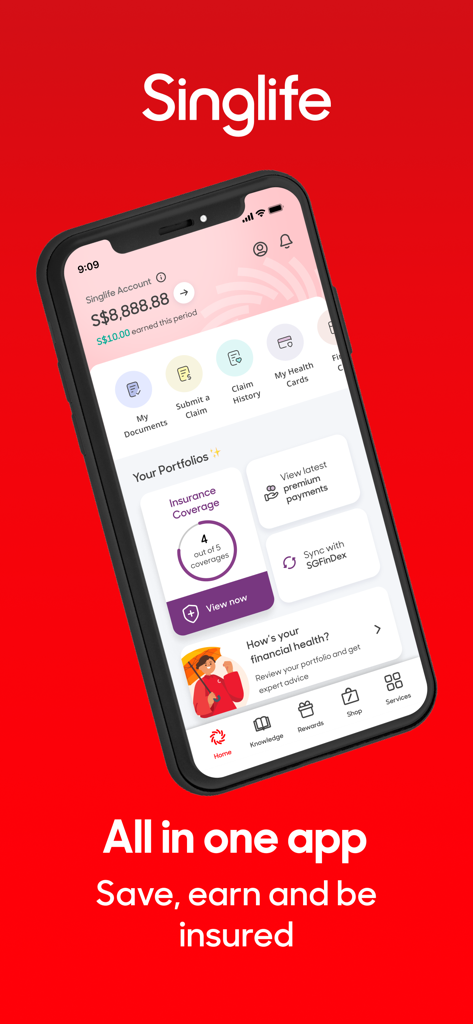 Singlife mobile app dashboard showing account balance and insurance portfolio summary