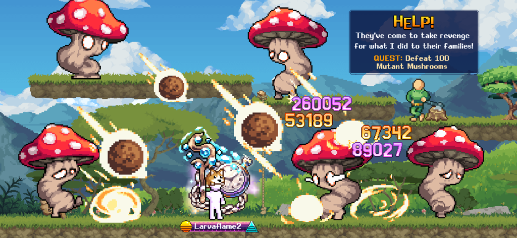 2D-Pixel-Art-Gameplay von IdleOn RPG, das einen Charakter zeigt, der mehrere große mutierte Pilze mit fallenden Meteorangriffen und Schadenszahlen bekämpft.