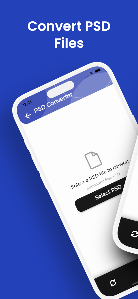 PSD Converter, PSD to PNG - Tela do aplicativo Conversor de PSD mostrando um botão Selecionar PSD para iniciar a conversão de arquivo