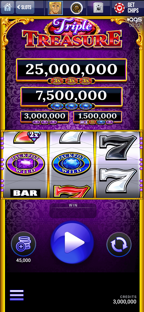 Lucky Play Casino Slots Games - Screenshot of the Triple Treasure slot machine in Lucky Play Casino app featuring jackpot tiers and classic reel symbols.