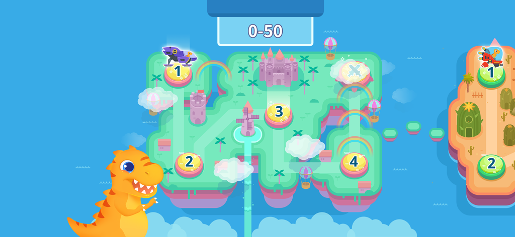 Dinosaur Math 2:Games for kids - Pantalla de selección de nivel en Matemáticas de Dinosaurios 2 mostrando un camino numerado a través de un paisaje tropical con un dinosaurio de dibujos animados.