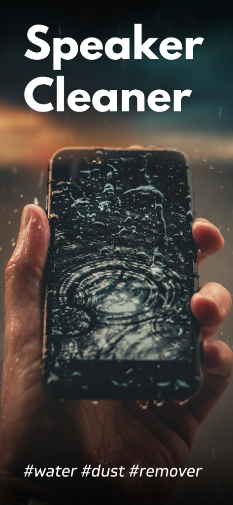 A wet smartphone being held with Speaker Cleaner text and water dust remover hashtags